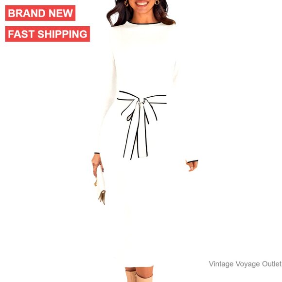 Long Sleeve Midi Sweater Dress Mock Neck Tie Waist Bodycon Knit